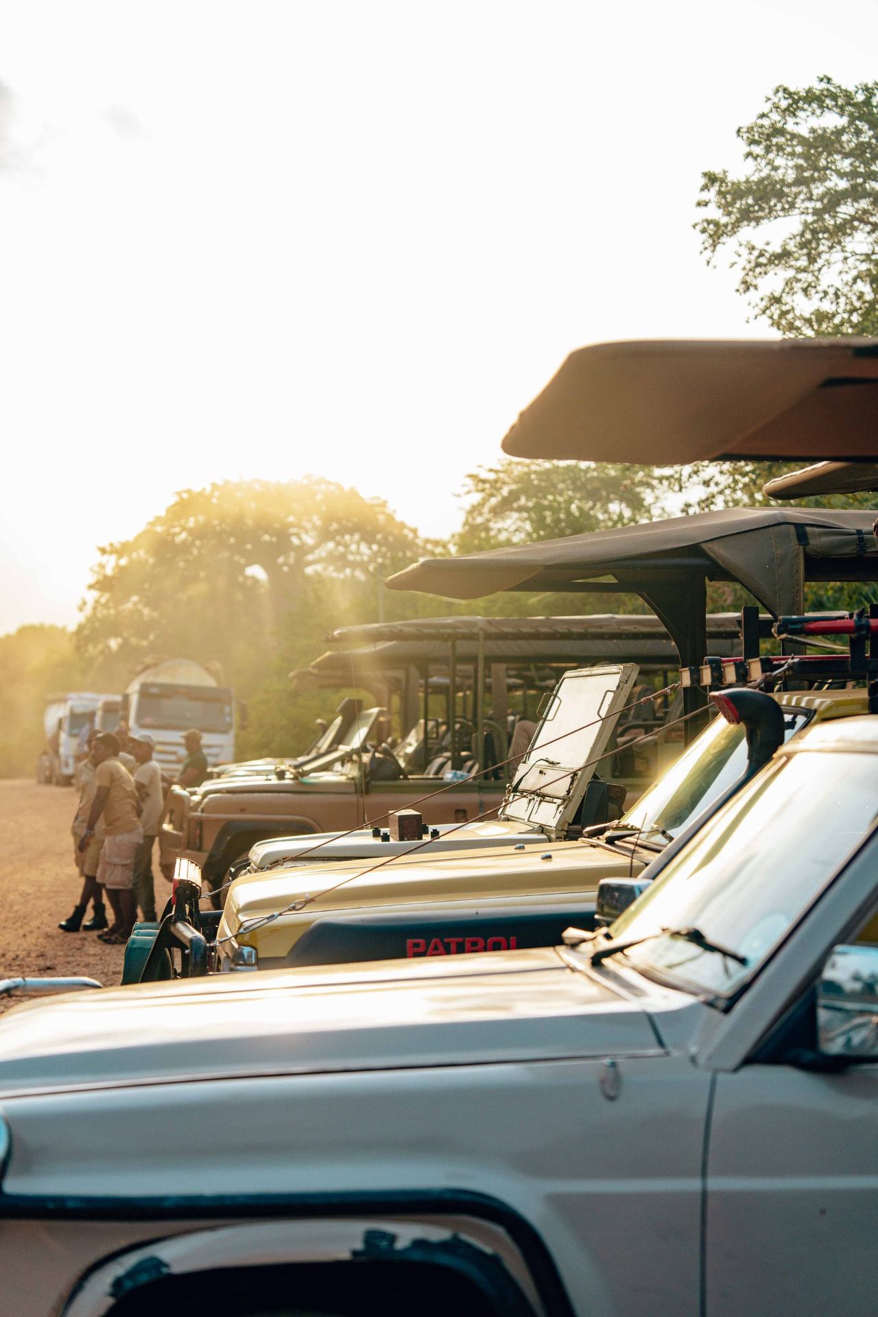 Safari and production vehicles prepared at first light