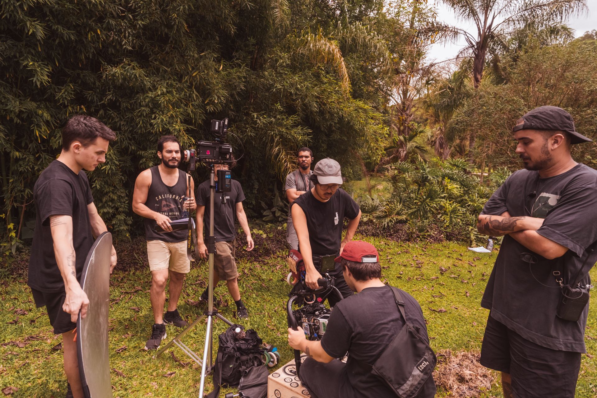 Film production crew working on location